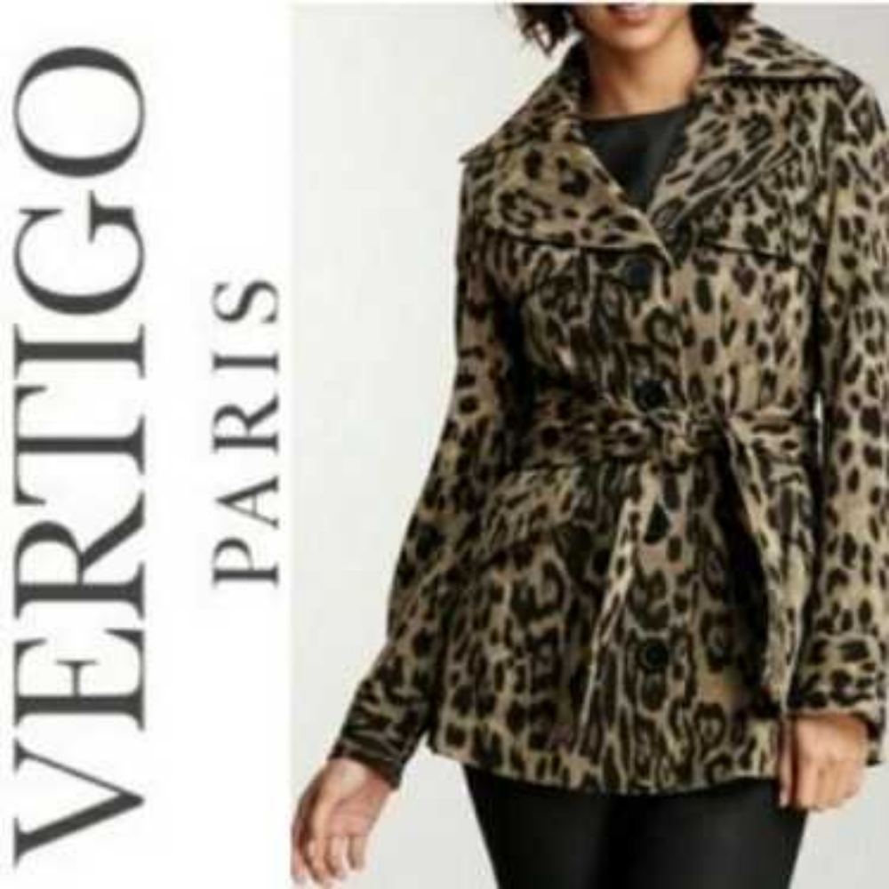 Vertigo Paris Leopard Trench Coat Jacket Womens SZ Medium